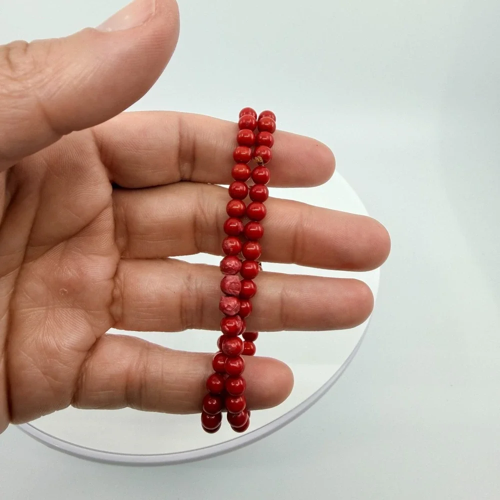 Vintage Red Beaded Double Strand Bracelet Bronze Heart Charms‎ Boho Artisan Y2K